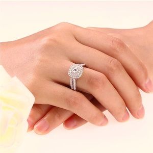 3UMeter 925 Sterling Silver Bridal Sets CZ Wedding Rings Shining Engagement Ring